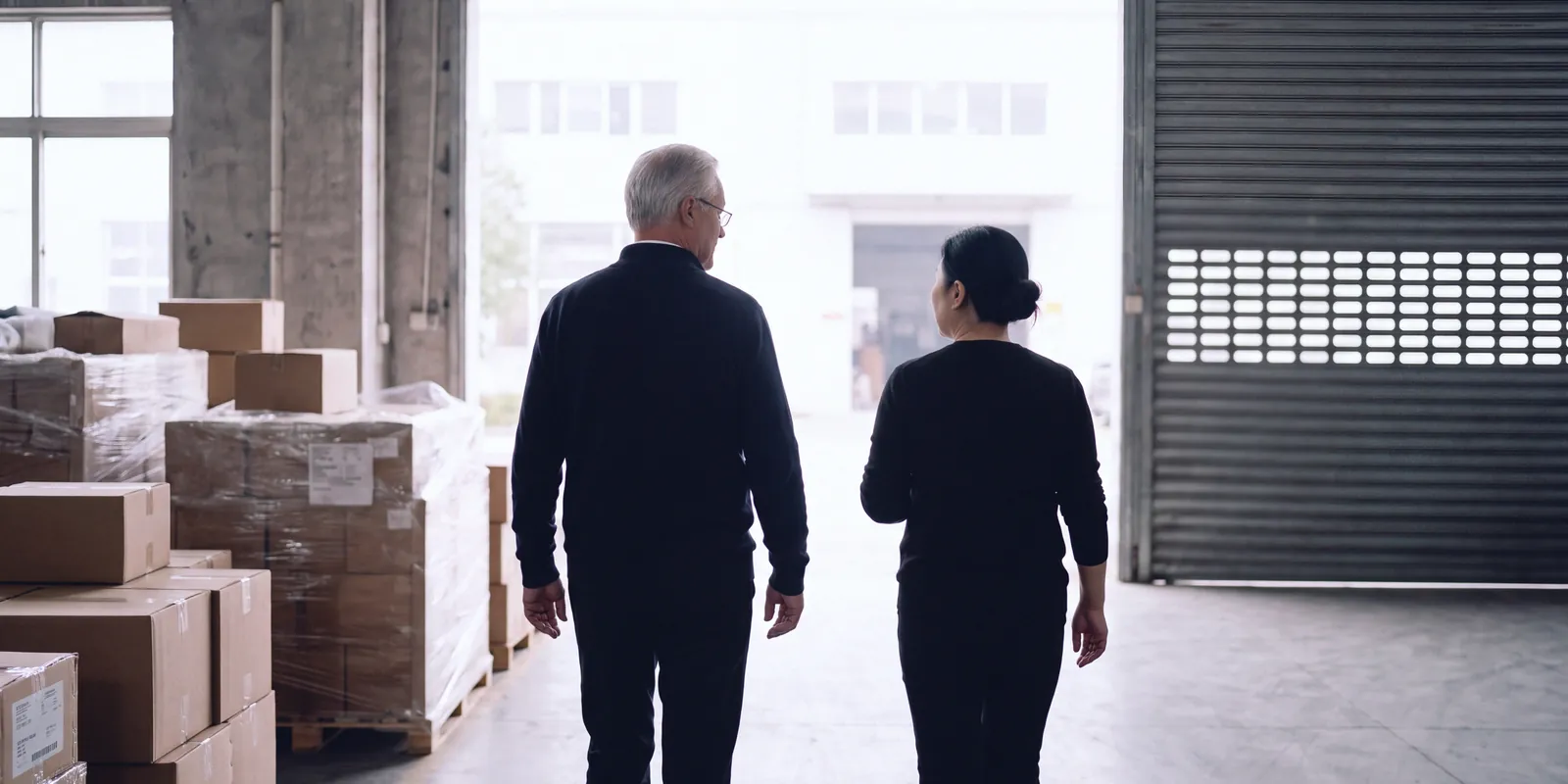 Deux membres de l'equipe China Sourcing s'eloignent vers la porte ouverte d'un entrepot, entre les palettes de cartons.