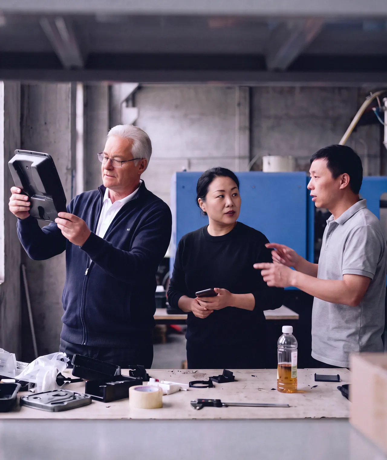 Trois membres de l'équipe China Sourcing examinent une pièce plastique sur l'établi d'un atelier, en Chine.