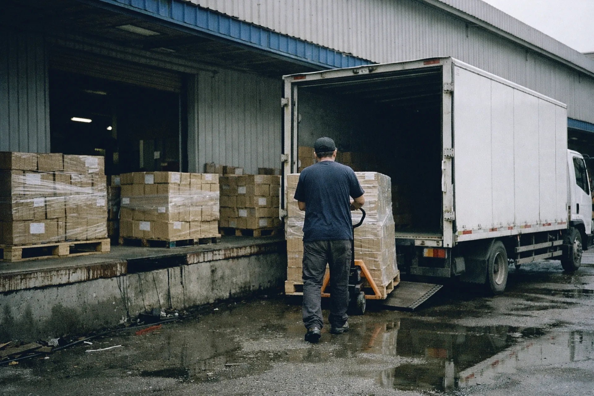 Camion à quai devant une usine en Chine, palettes de cartons prêtes au chargement, sol mouillé.