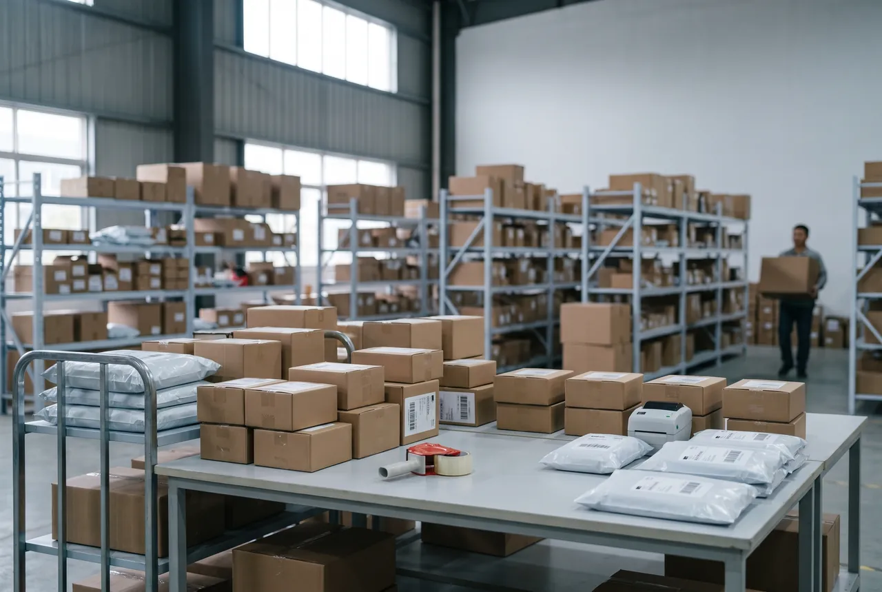 Poste d'emballage d'un entrepot e-commerce en Chine, colis etiquetes prets a partir.