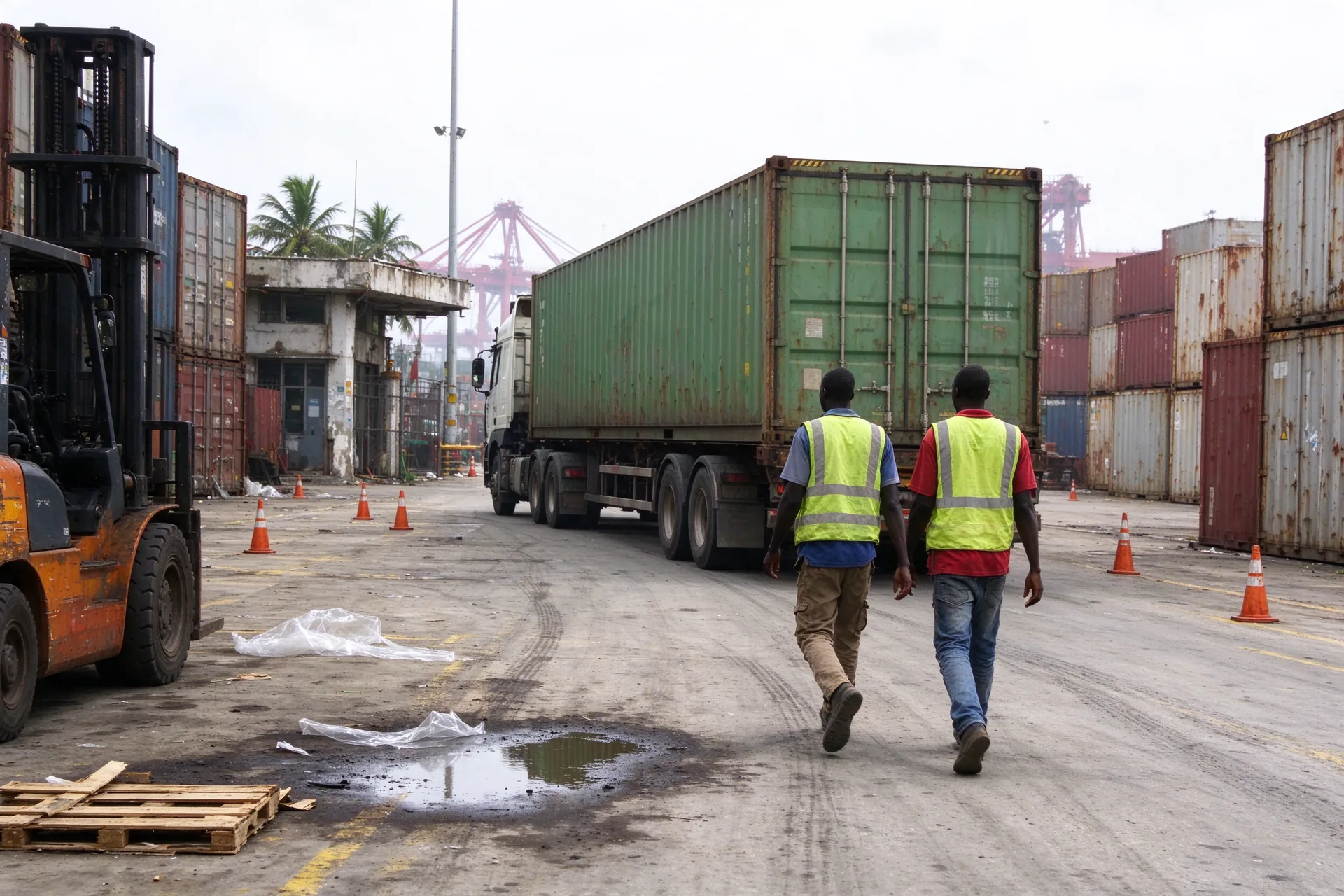 Port d'Abidjan : deux dockers en gilet marchent vers un camion porte-conteneur, chariot élévateur et cônes sur le terre-plein.