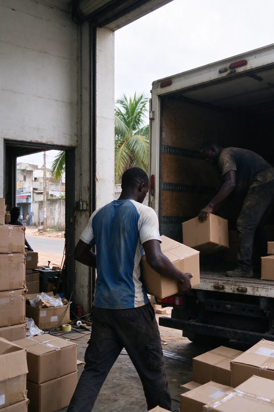 Livraison à Abidjan : des manutentionnaires déchargent des cartons d'un camion devant un entrepôt.