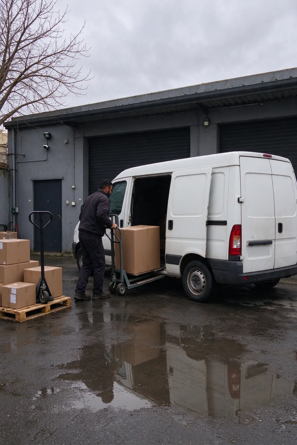 Devant un entrepôt en Belgique, des cartons sont chargés dans une camionnette.