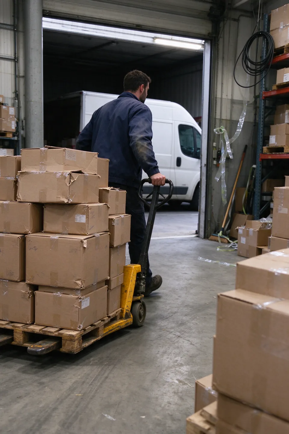 Dans un petit entrepôt en France, un cariste déplace une palette de cartons au transpalette.