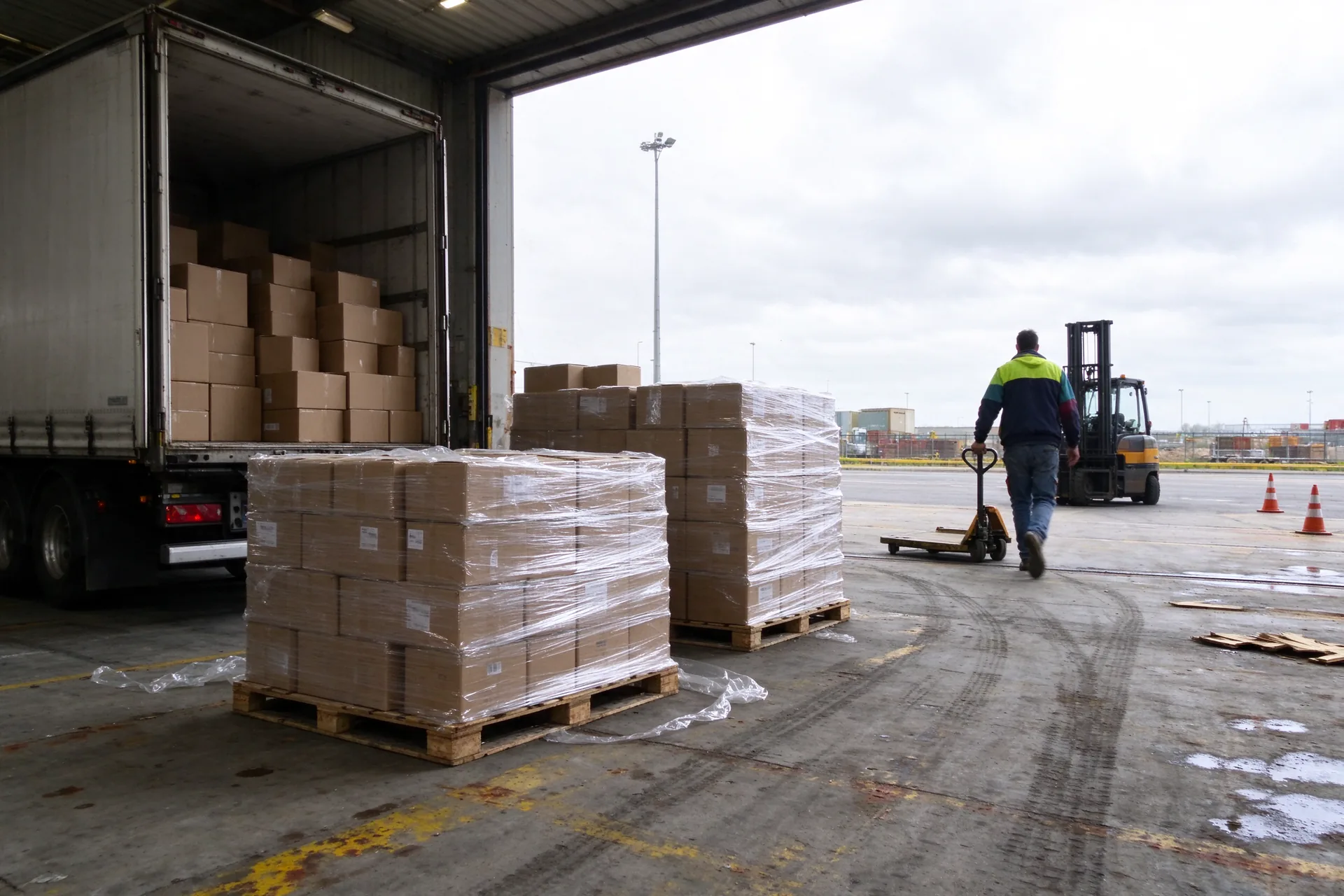 Plateforme logistique près du Havre : palettes de cartons filmées devant une semi-remorque à quai, un cariste tire un transpalette.