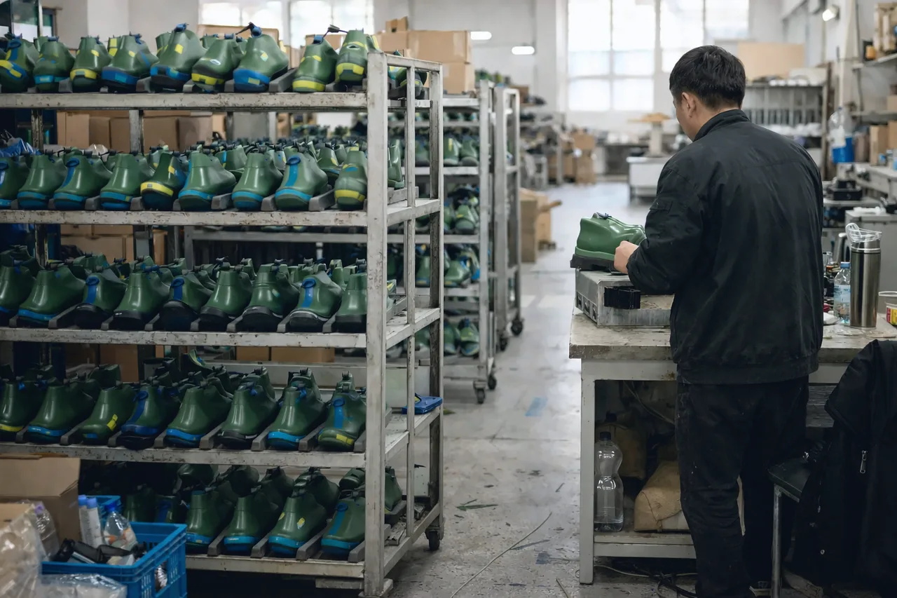 Ouvrier inspectant une chaussure à son poste dans une usine, étagères de production remplies à côté.