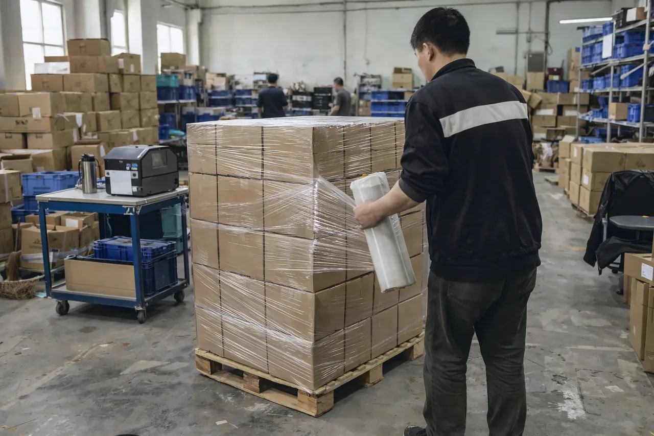Préparateur filmant une palette de cartons dans un entrepôt, imprimante d'étiquettes sur un chariot à côté.