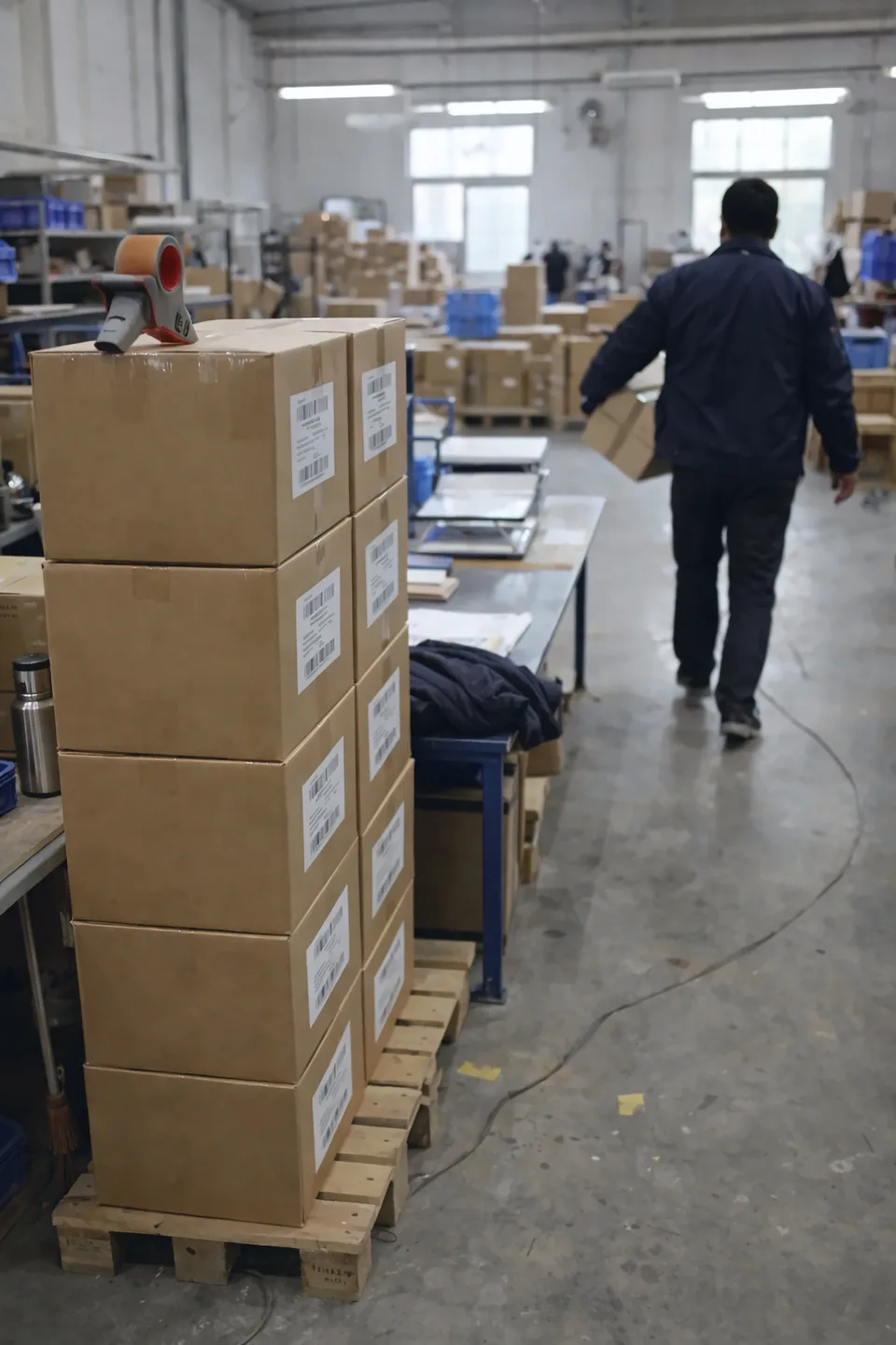 Colis étiquetés empilés sur une palette prête à l'expédition, préparateur traversant l'entrepôt avec un carton.