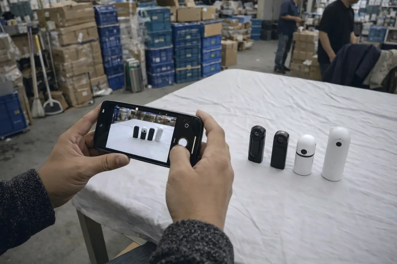 Échantillons photographiés au smartphone sur une table d'entrepôt, bacs et cartons en fond.