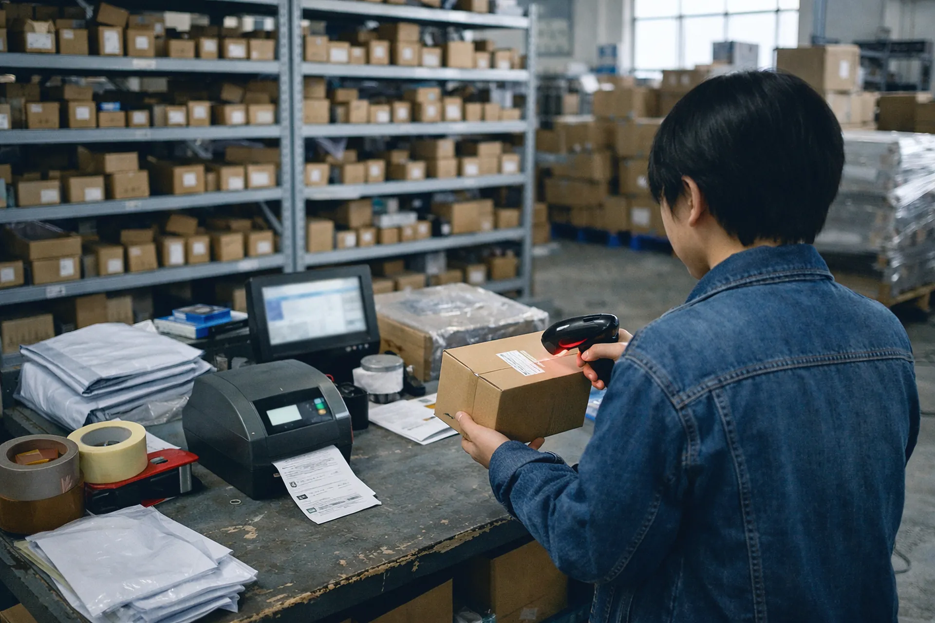 Poste de préparation de commandes e-commerce en Chine, rayonnages de petits cartons, scan d'un colis.