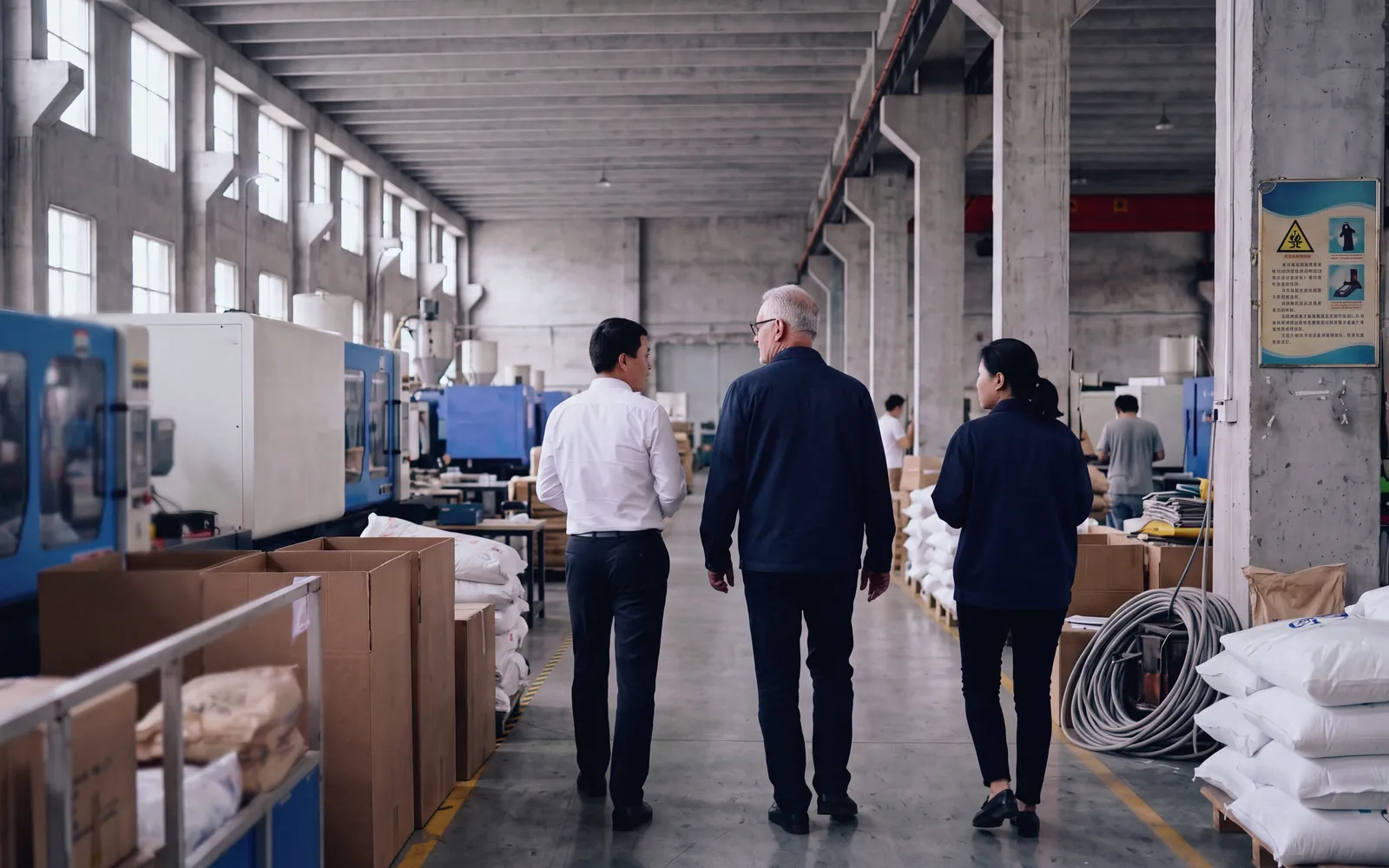 Deux consultants China Sourcing accompagnent un responsable d'usine le long d'une chaîne de montage en Chine.