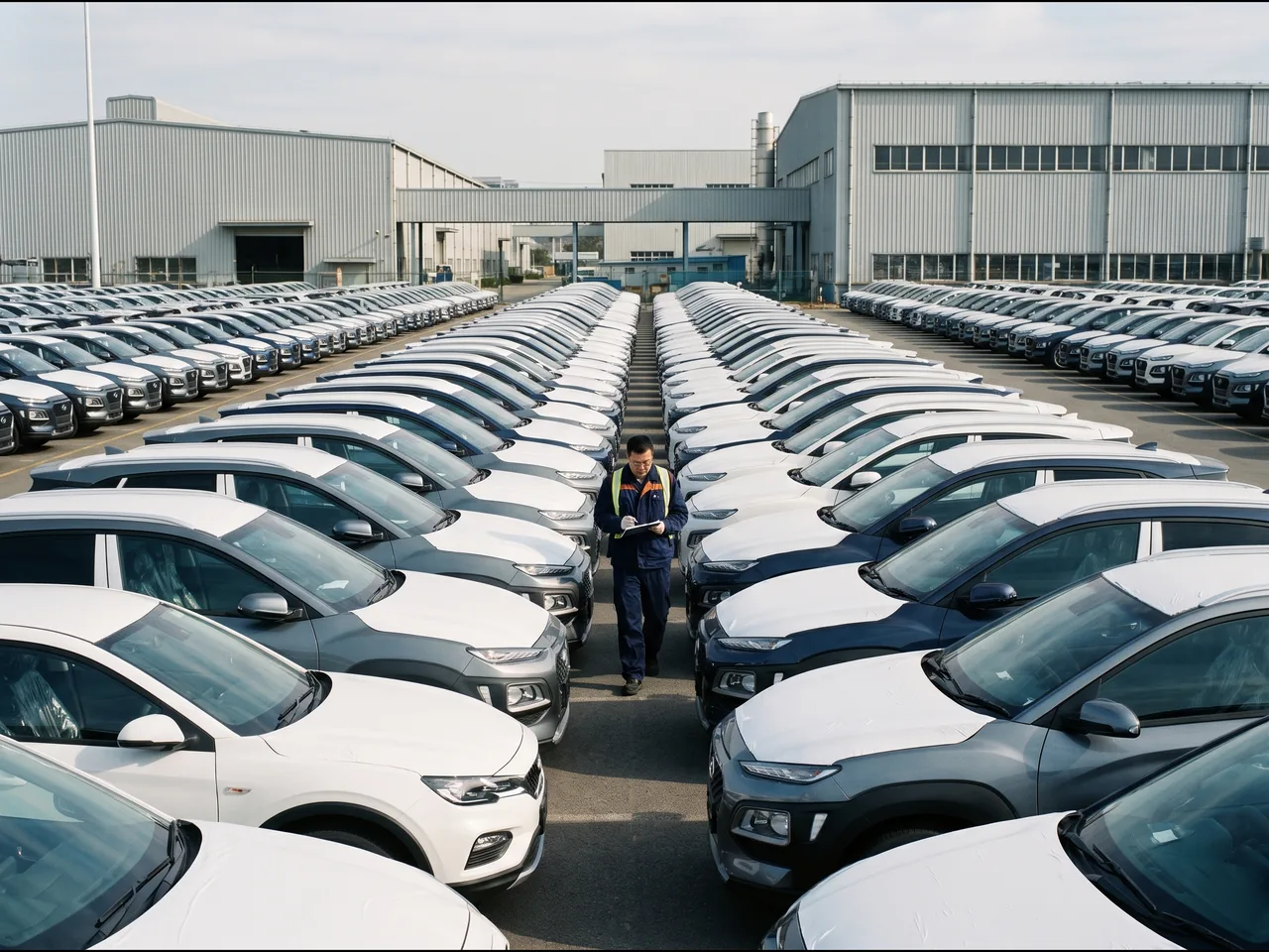 Parc de livraison d'une usine en Chine, rangées de SUV neufs, un contrôleur avec sa fiche entre les voitures.
