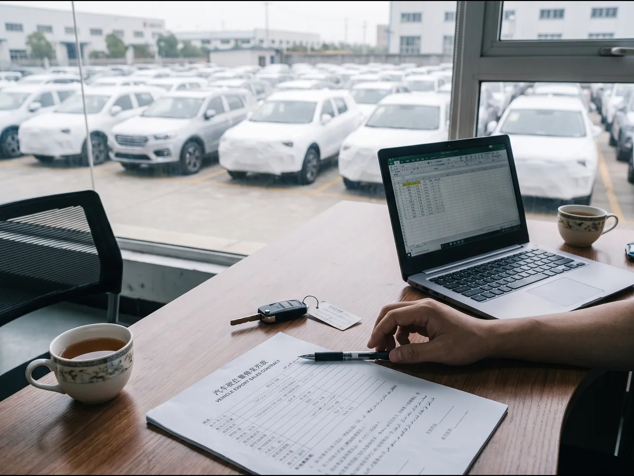 Bureau export face au parc de SUV neufs sous film : contrat de vente, clé et ordinateur sur la table.