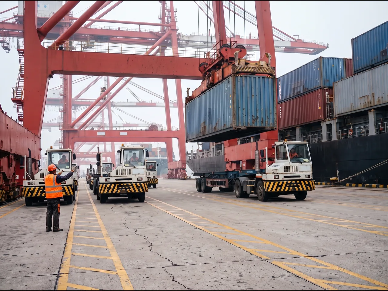 Conteneur levé par une grue portique sur un porte-conteneurs, dans un port chinois.