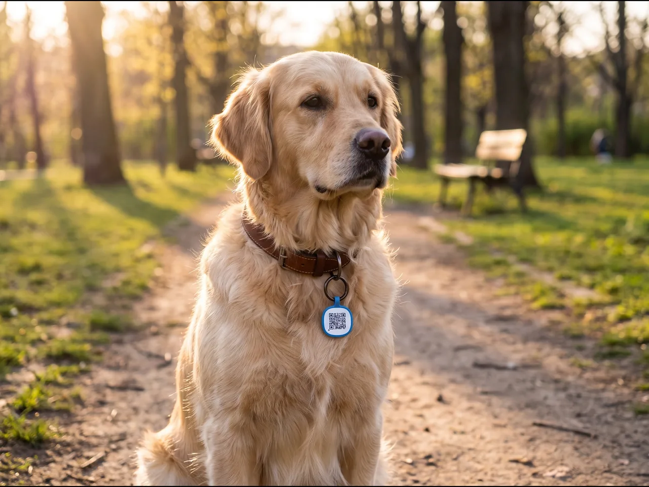 Golden retriever assis dans un parc, la médaille MyIDTag accrochée à son collier.