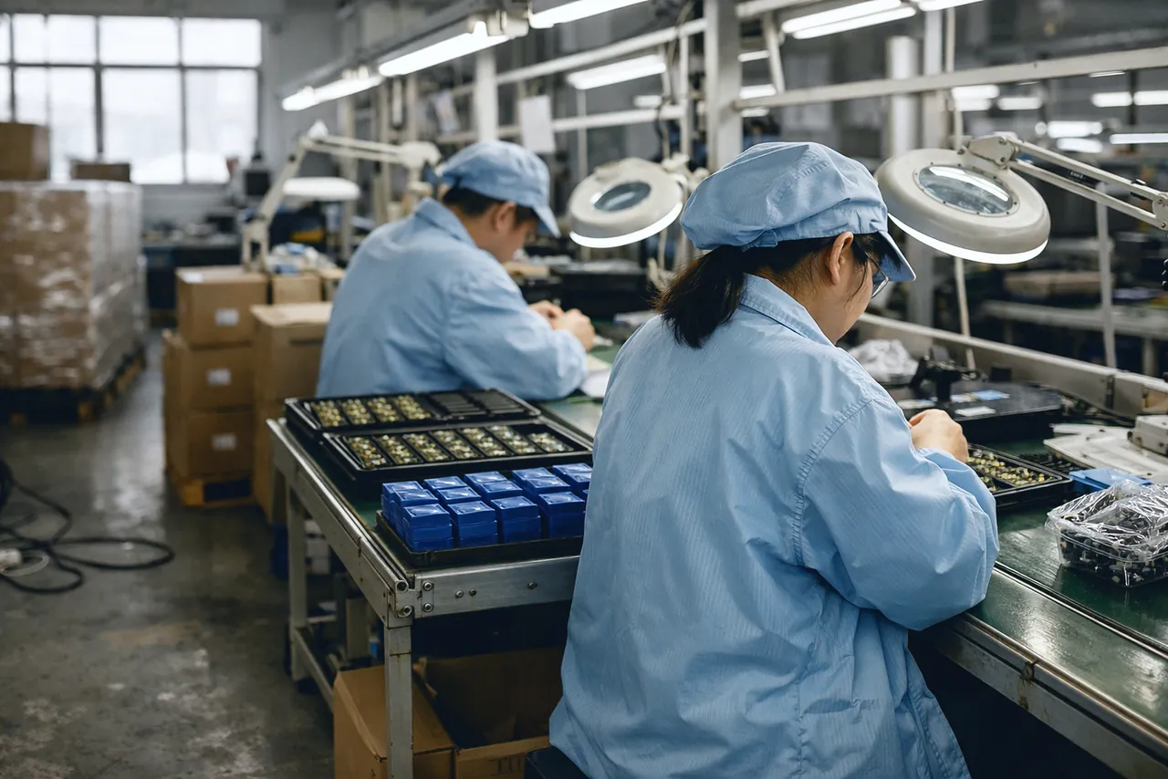 Ligne d'assemblage électronique en Chine, opérateurs de dos, plateaux de circuits et coques de tags.