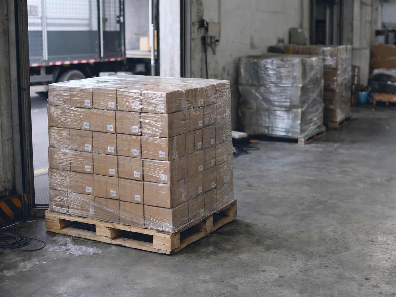 Palette de cartons filmée prête au chargement sur le quai d'un entrepôt.
