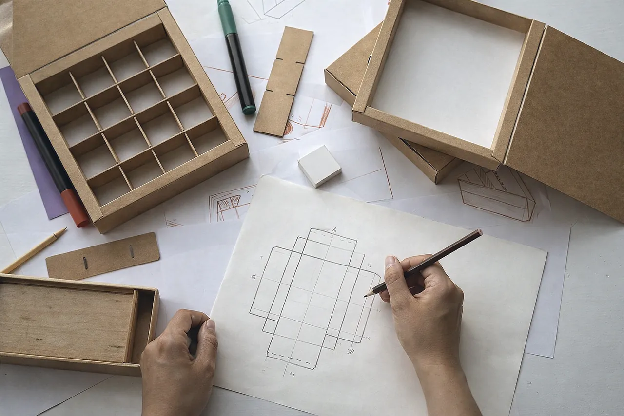 Dessin du patron d'une boîte en carton sur une table de conception, maquettes de coffrets autour.