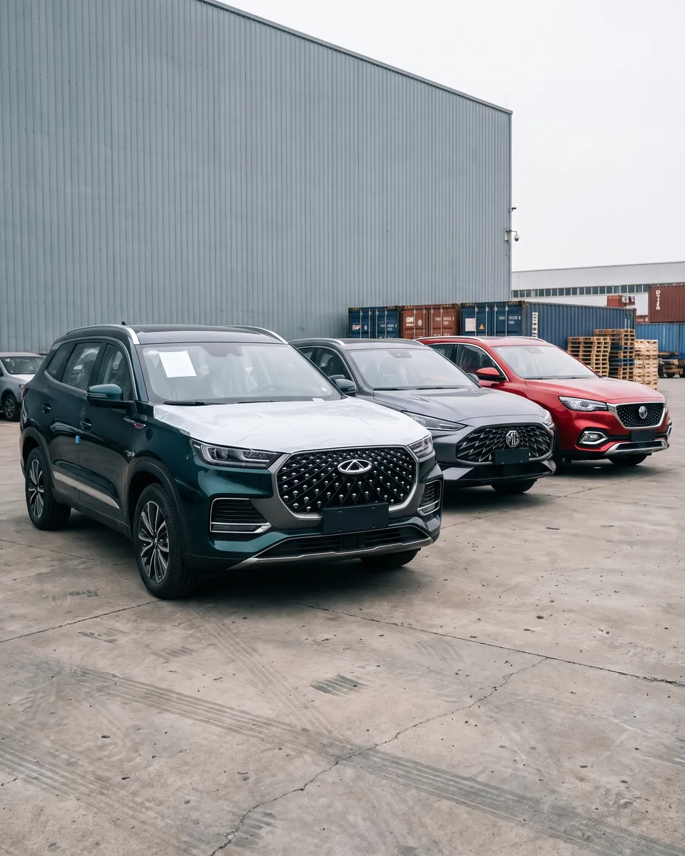 Les trois SUV du client neufs, sous film de protection, sur le parc de livraison export en Chine.