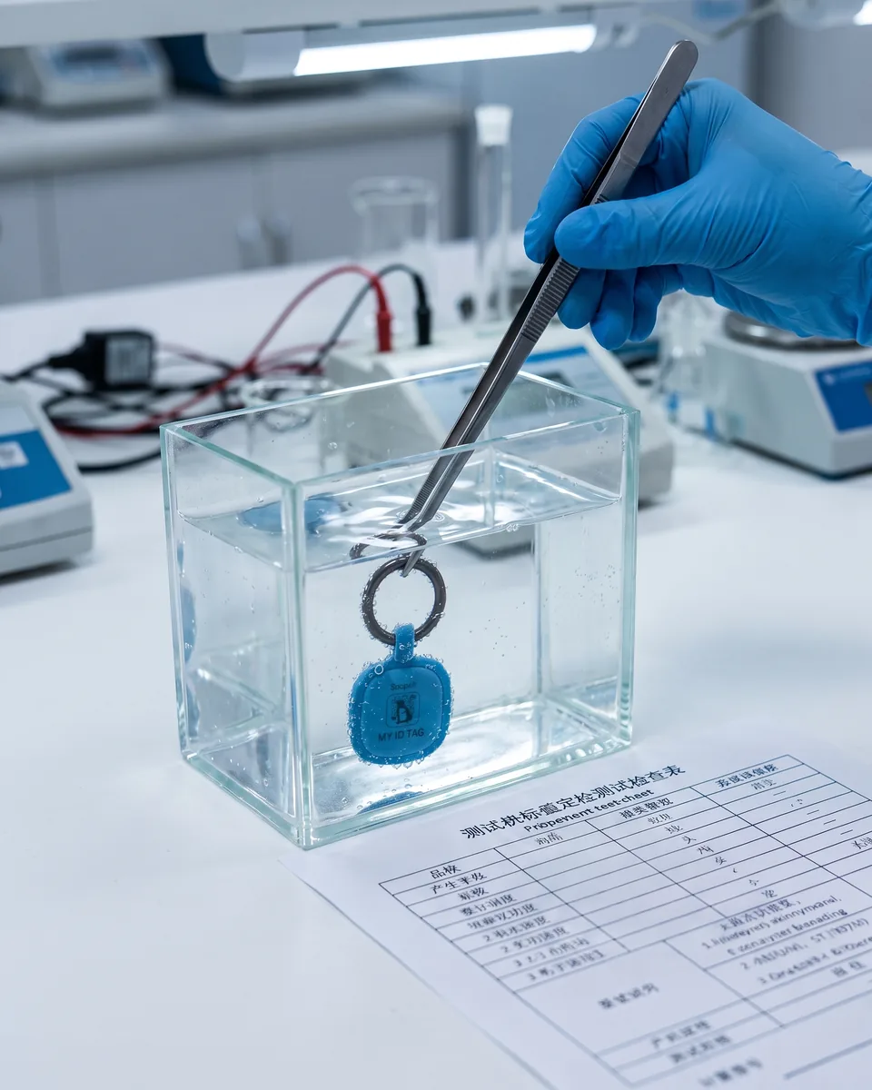 Test d'étanchéité en laboratoire : une médaille MyIDTag immergée dans un bac d'eau, tenue à la pince par une main gantée.