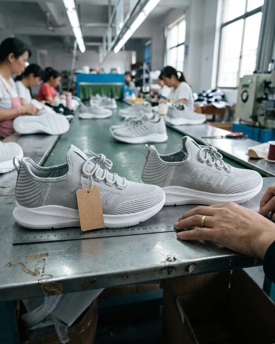 Contrôle en usine : le prototype validé et une basket de série côte à côte, mesurés à la règle.