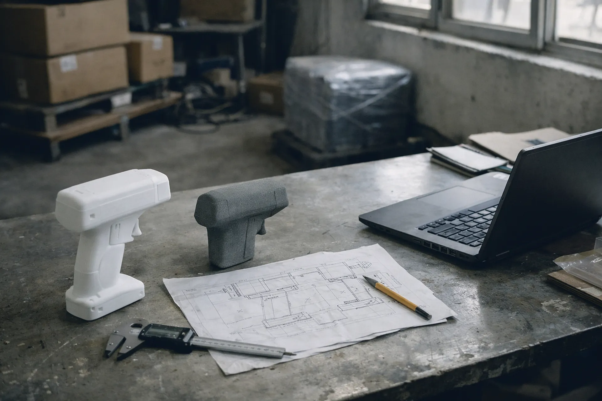 Établi de bureau d'étude : prototype imprimé en 3D, maquette en mousse, plan technique, pied à coulisse.
