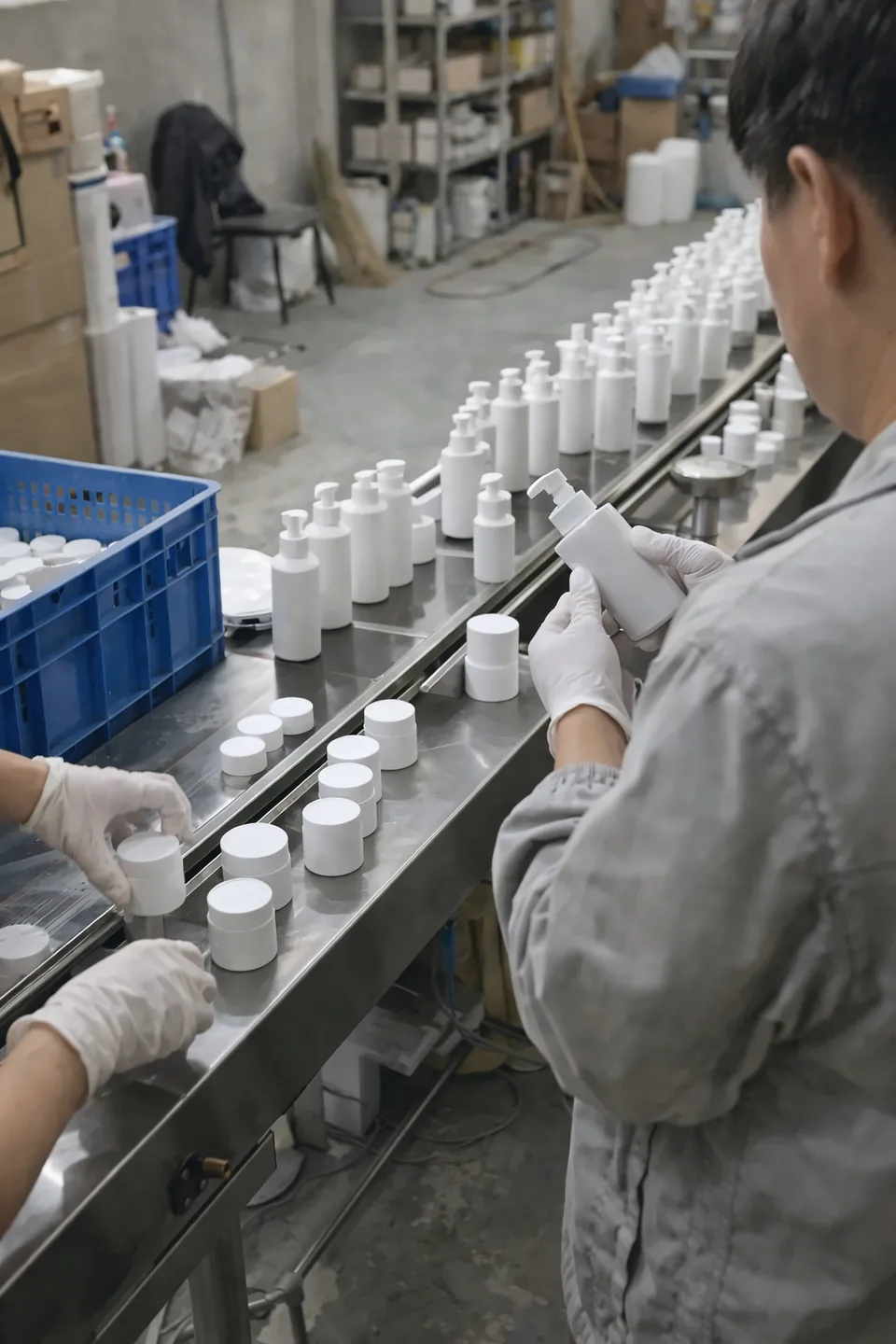 Ligne de conditionnement cosmétique en Chine : des opérateurs gantés contrôlent flacons pompe et pots blancs sur un convoyeur en inox.