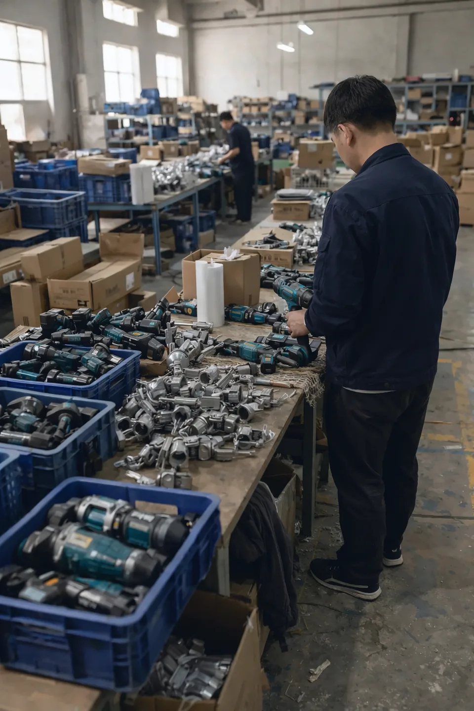 Contrôle d'outillage électroportatif dans un entrepôt en Chine : un technicien inspecte des perceuses sur un établi couvert de pièces métalliques, bacs pleins au premier plan.