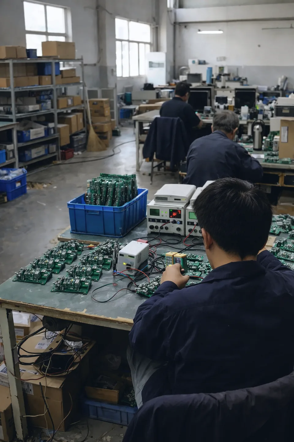 Atelier d'électronique en Chine : des techniciens testent des cartes électroniques sur des postes équipés d'alimentations de laboratoire.