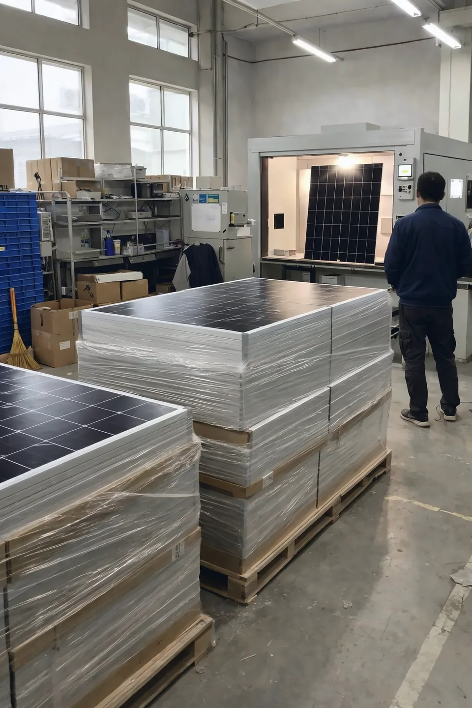 Panneaux photovoltaïques filmés et empilés sur palettes dans une usine en Chine, un technicien devant la cabine de test des modules.