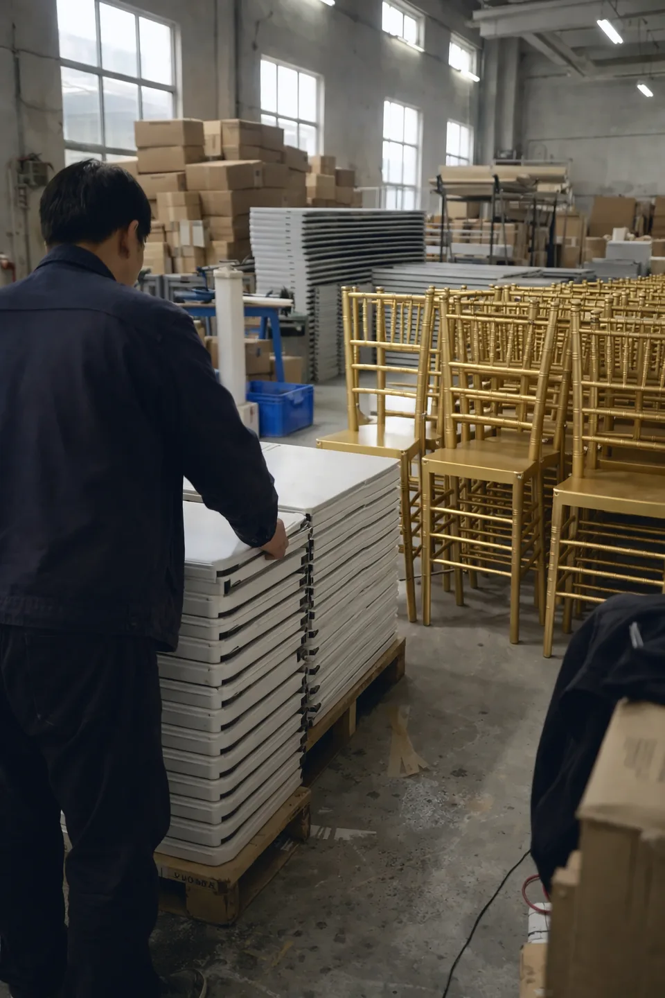 Entrepôt de mobilier événementiel en Chine : un ouvrier contrôle une pile de tables pliantes sur palette, à côté de rangées de chaises dorées.