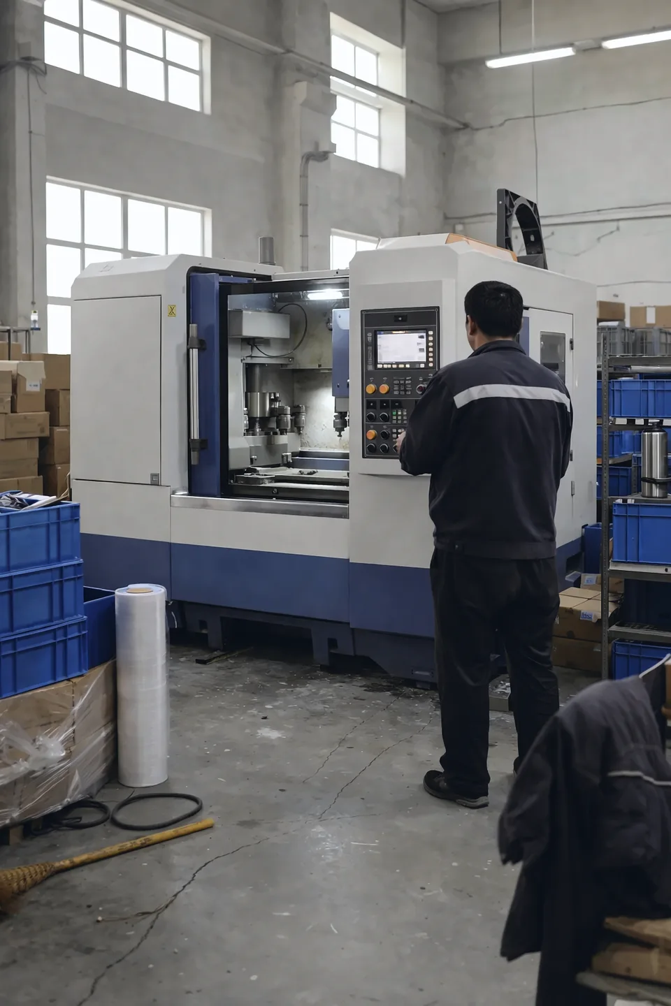 Centre d'usinage à commande numérique dans un atelier en Chine, un opérateur devant le pupitre de contrôle, bacs et cartons autour.