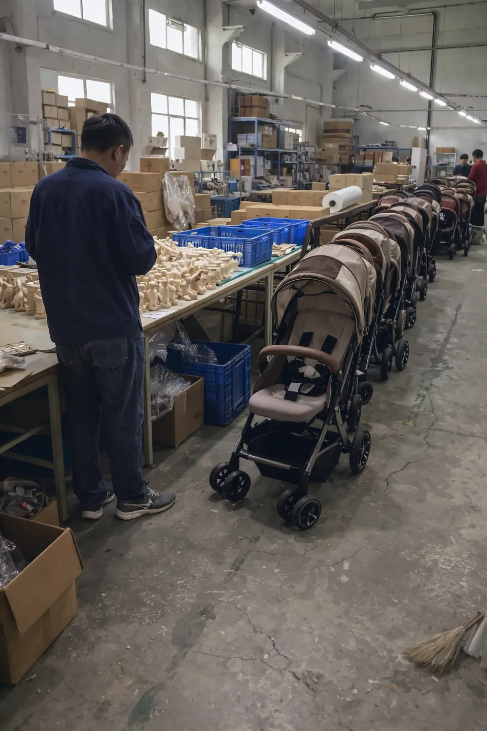 Usine de puériculture en Chine : une rangée de poussettes alignées dans l'allée, un ouvrier contrôle des jouets en bois sur un établi.