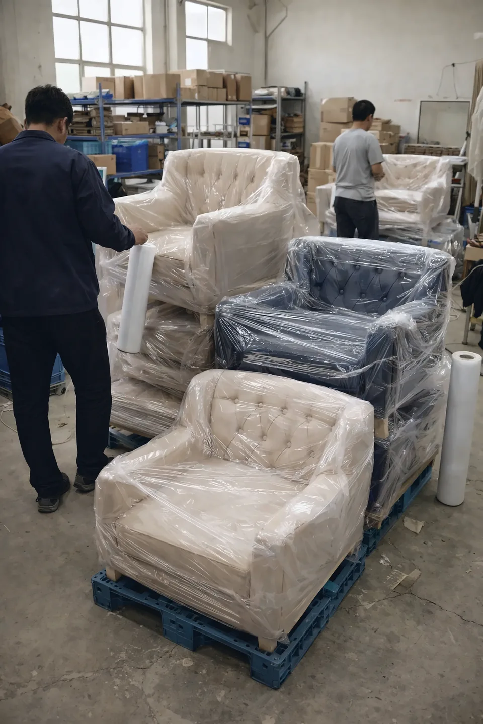 Fauteuils capitonnés emballés sous film plastique sur palettes dans un entrepôt en Chine, un ouvrier termine le filmage avant expédition.