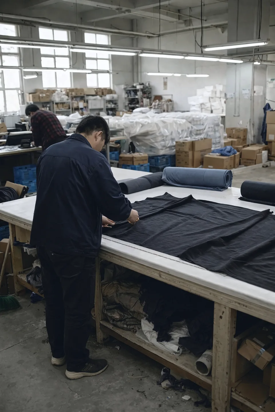 Atelier de confection en Chine : un ouvrier découpe un tissu sombre sur une grande table de coupe, rouleaux de tissu et cartons en arrière-plan.