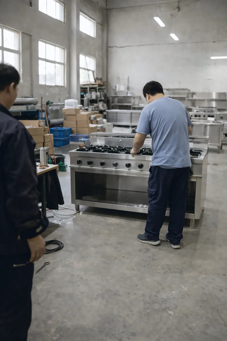 Atelier d'équipement de cuisine professionnelle en Chine : un technicien teste les brûleurs d'un piano de cuisson en inox.