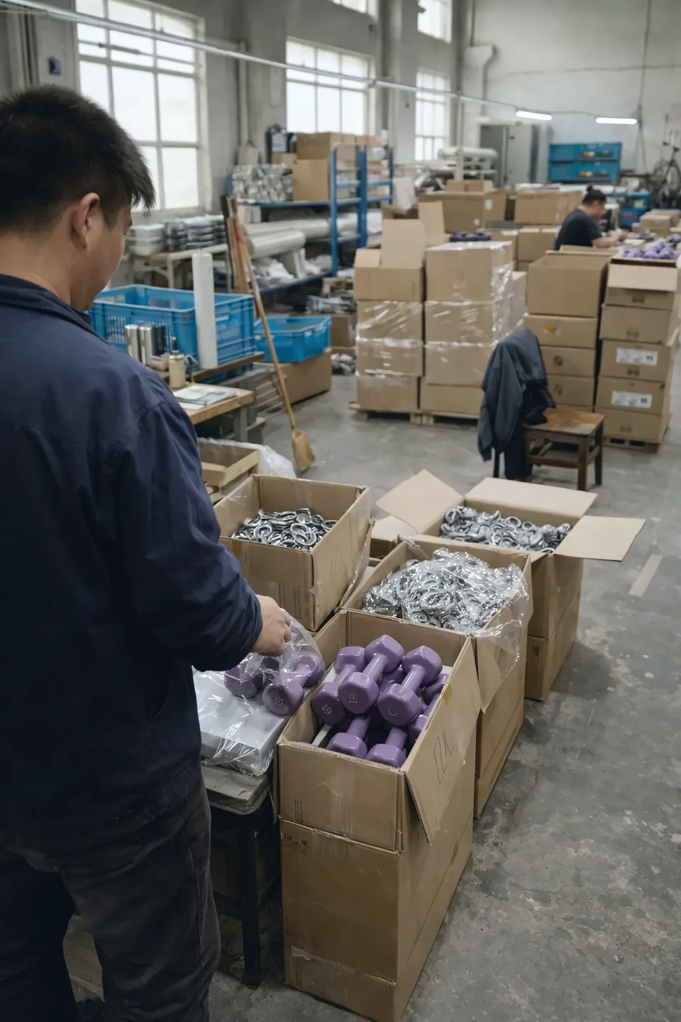 Préparation de commandes de matériel de fitness dans un entrepôt en Chine : un ouvrier emballe des haltères dans des cartons ouverts.