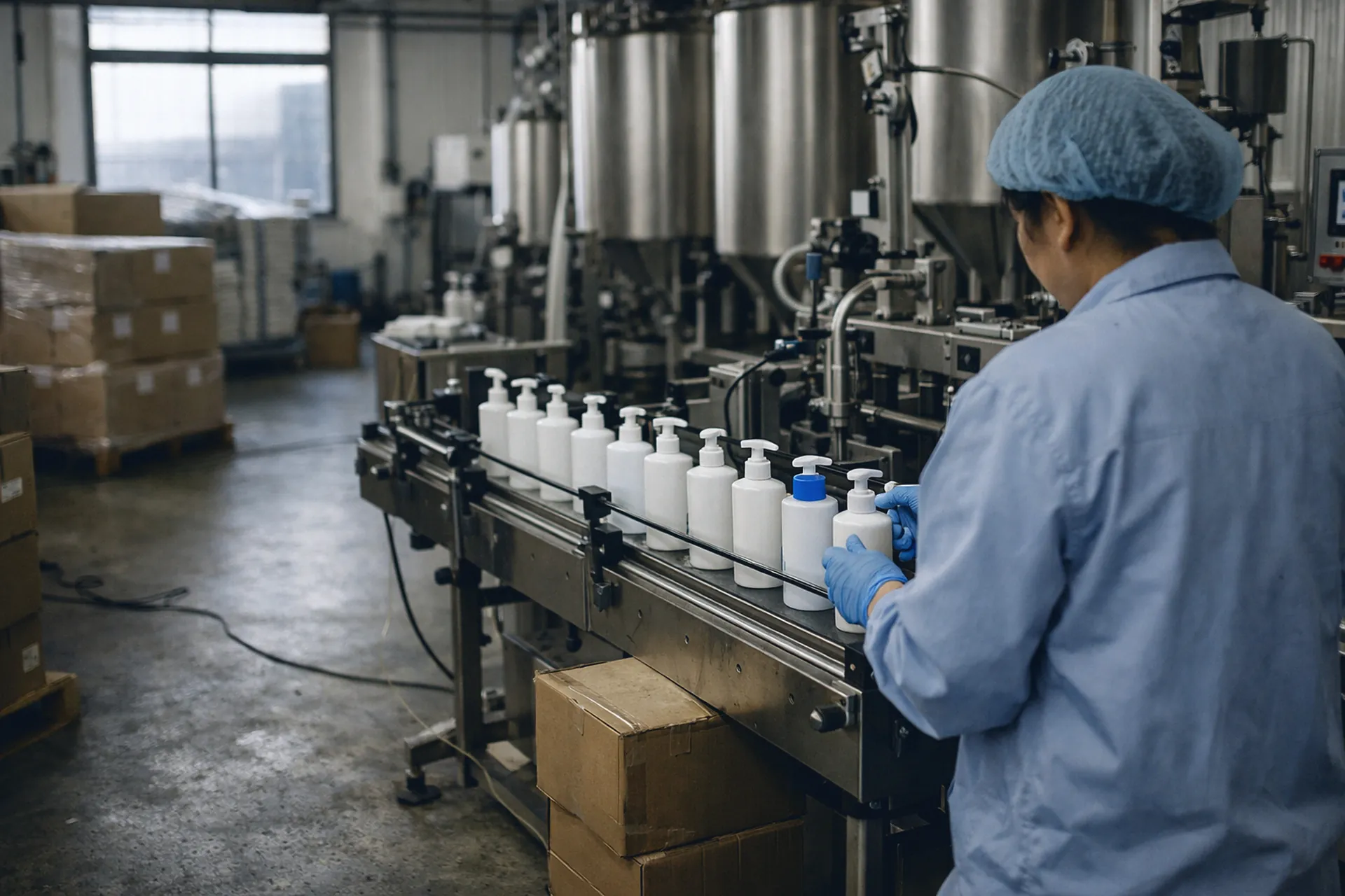 Ligne de remplissage cosmétique : flacons pompe blancs sur convoyeur, mains gantées, cuves inox.