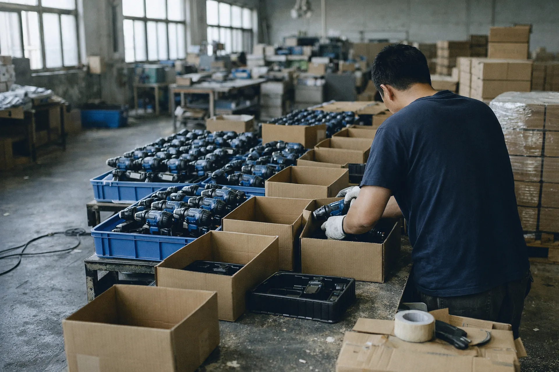 Perceuses sans fil en bacs, mises en cartons sur une ligne d'emballage en Chine, un ouvrier de dos.