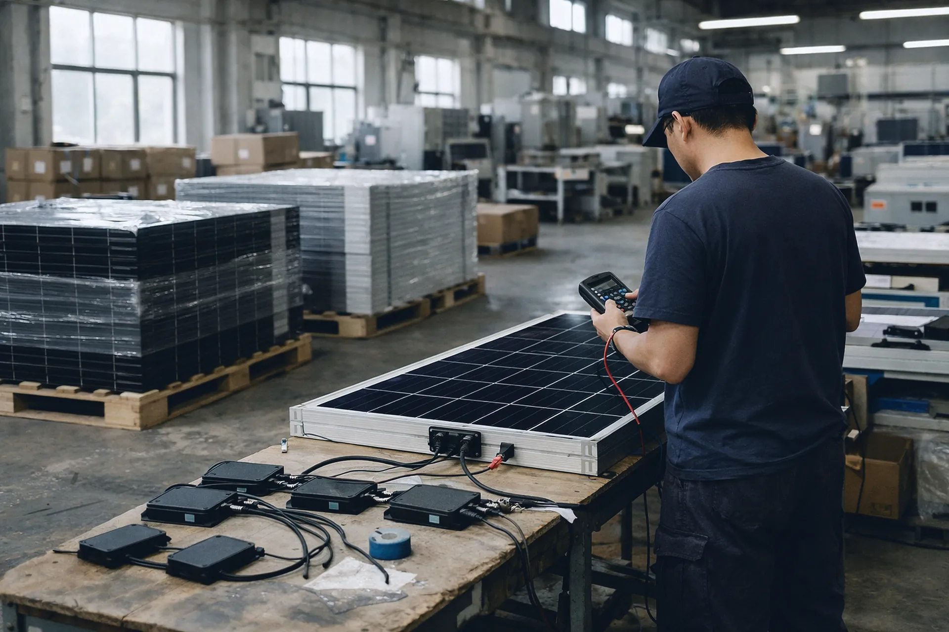 Usine de panneaux solaires : modules empilés sur palettes, un ouvrier de dos contrôle un panneau au multimètre.