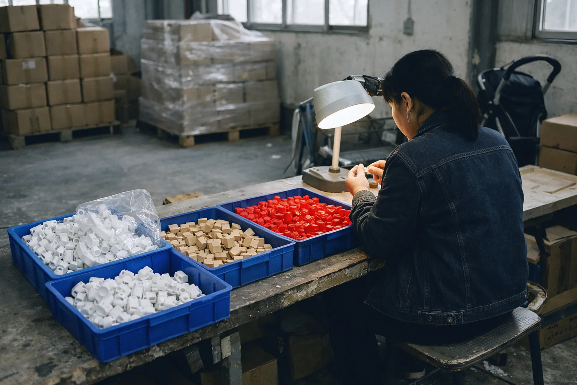 Poste de contrôle qualité d'une usine de jouets : pièces plastiques et blocs de bois en bacs, une opératrice de dos sous une lampe.