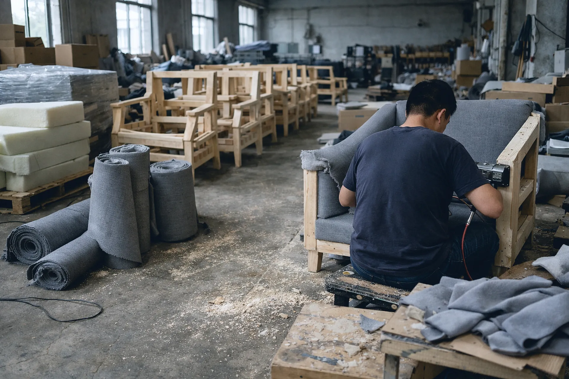 Atelier de tapisserie en Chine : carcasses de fauteuils en bois, rouleaux de tissu gris, un ouvrier de dos.