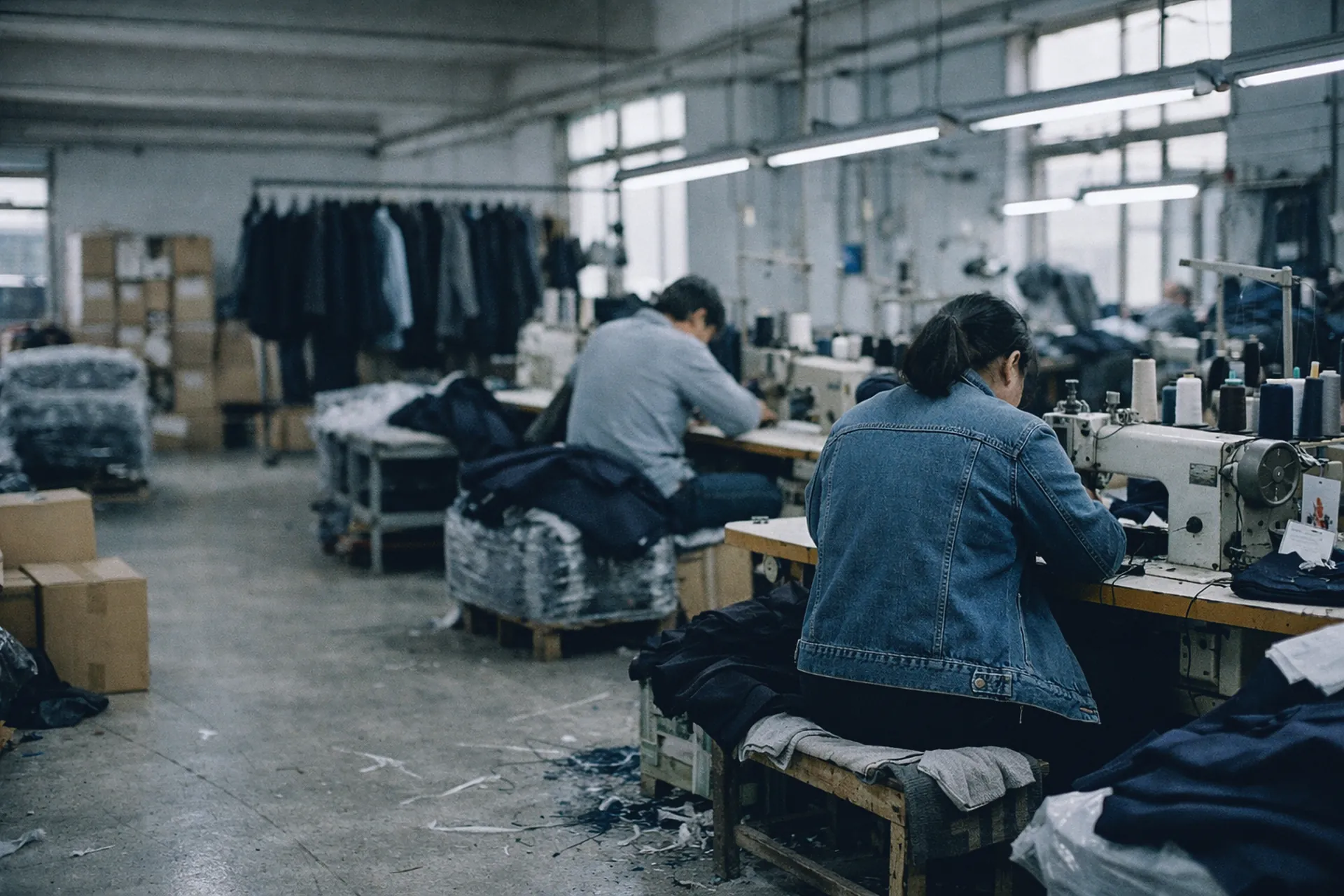 Atelier de confection en Chine : rangées de machines à coudre, rouleaux de tissu, couturières de dos.