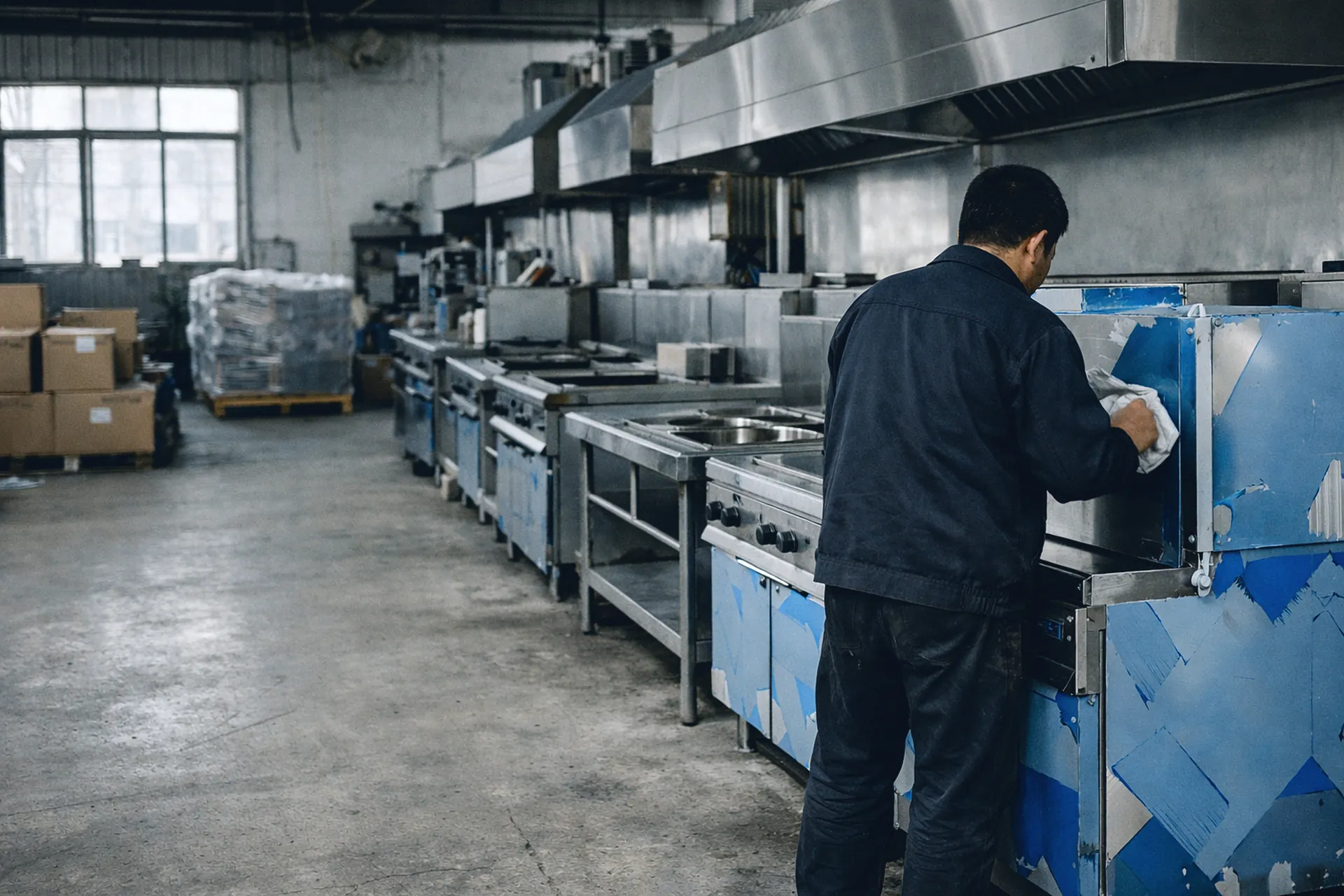Équipements de cuisine professionnelle en inox sous film de protection dans une usine en Chine, un ouvrier de dos.