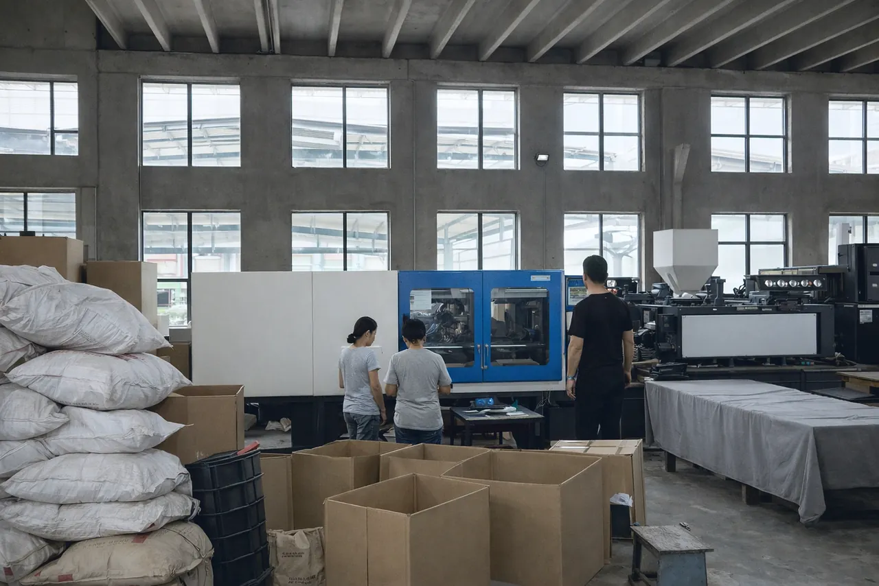 L'usine retenue pour Slick : hall de production avec presse à injection, sacs de matière et cartons, équipe au travail.