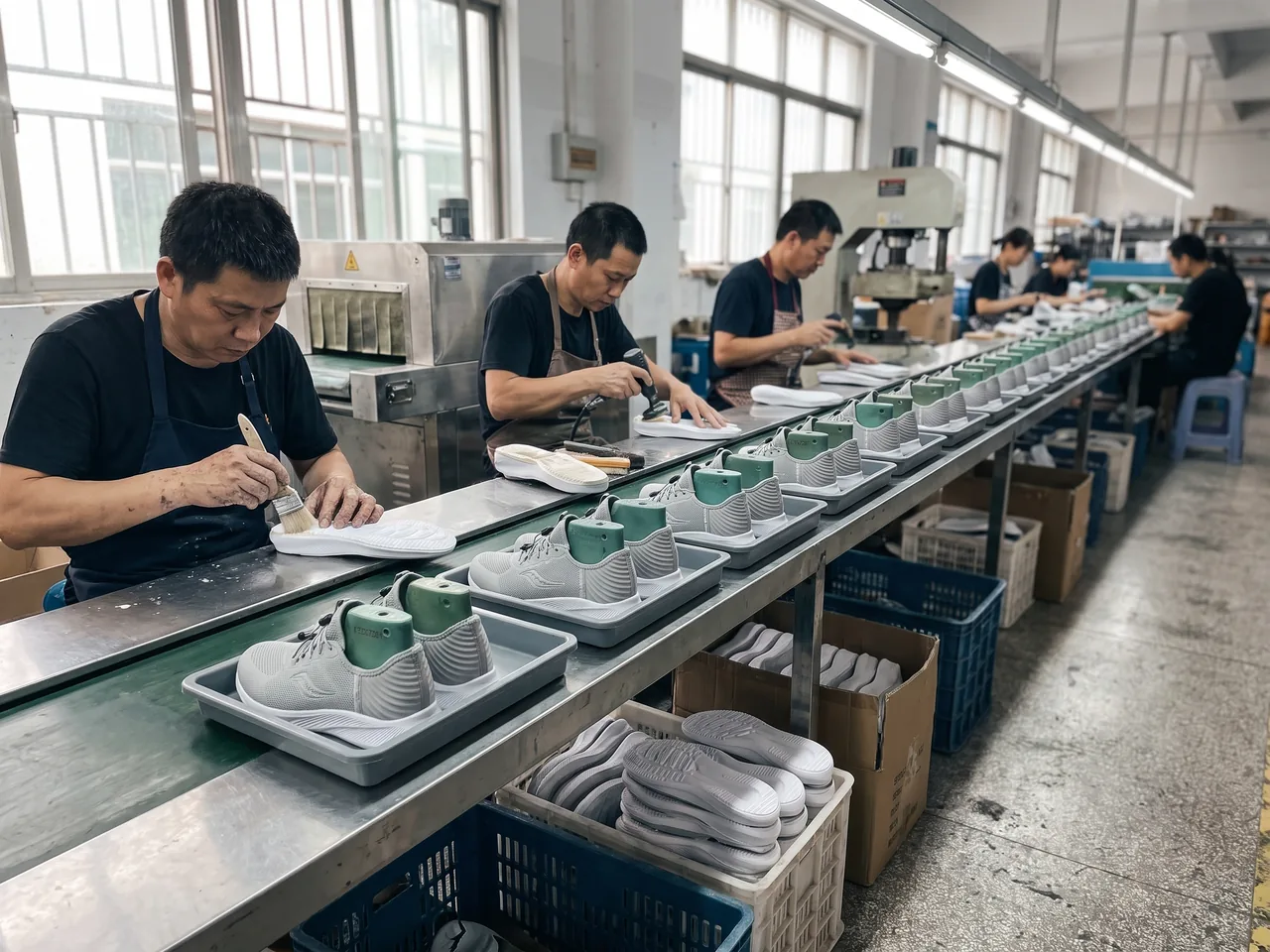 Ligne d'assemblage de baskets en Chine : paires grises sur formes, en plateaux, ouvriers qui encollent et posent les semelles.