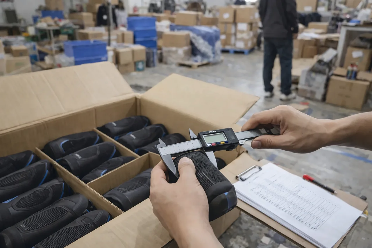 Mesure au pied à coulisse d'une pièce sortie d'un carton ouvert, fiche de contrôle posée à côté dans l'entrepôt.