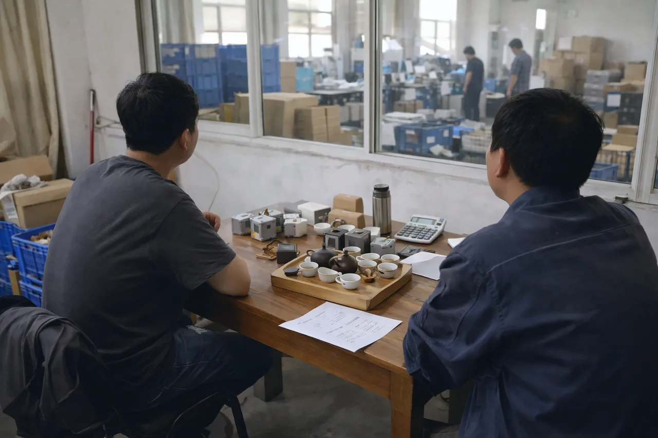 Négociation autour d'une table à thé avec un fournisseur, échantillons et calculatrice, atelier vitré en fond.