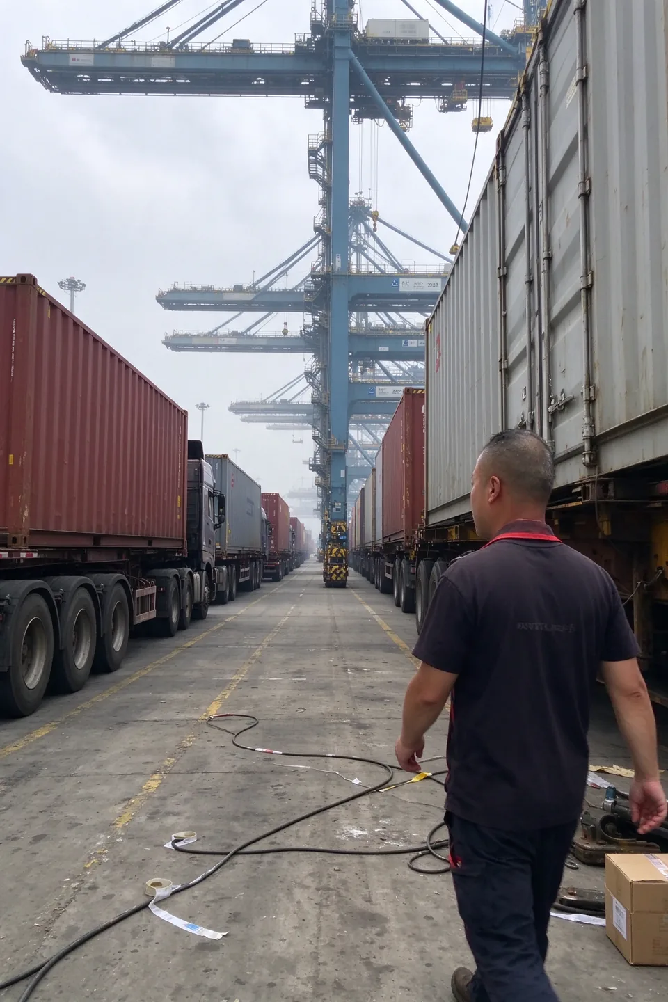 Allée entre deux rangées de conteneurs empilés sur un terminal portuaire, engin de manutention au fond.