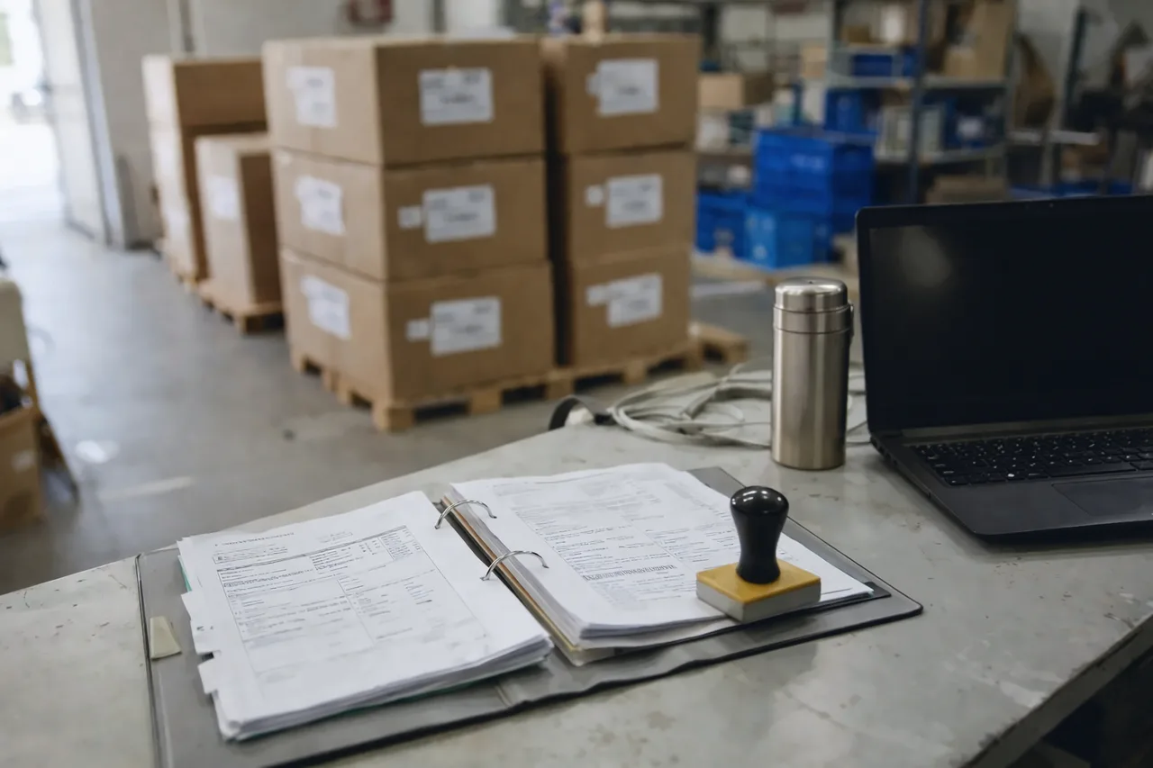 Classeur de documents d'expédition et tampon sur un bureau d'entrepôt, cartons étiquetés sur palettes en fond.